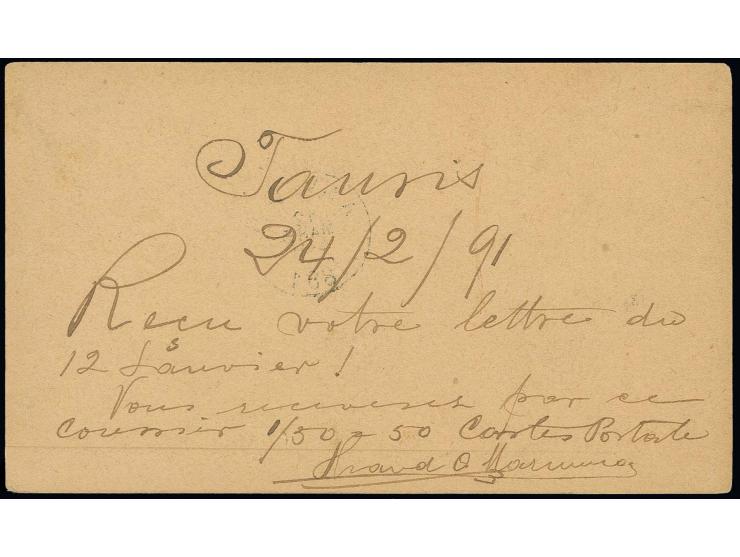 1880, postcard 2½ ch. with additional franking 1889, 1 ch. rose from Tabriz to Belgium with arrival mark on front