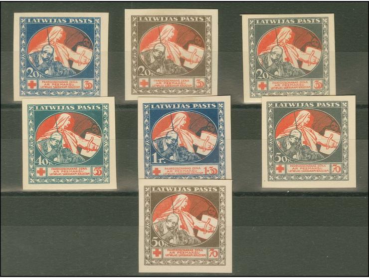 1920, Rotes Kreuz 20 K. -1 Rb., 20 K. in drei, 50 K. in zwei und 40 K. und 1 R. in einer Farbe mit rotem Mittelstück, auf Kre