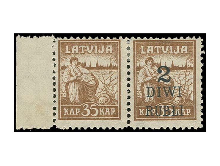 1920, 2 R. auf 35 K. braun im waagerechtem Paar mit linkem Bogenrand, dabei die linke Marke ohne Aufdruck, sauber ungebraucht