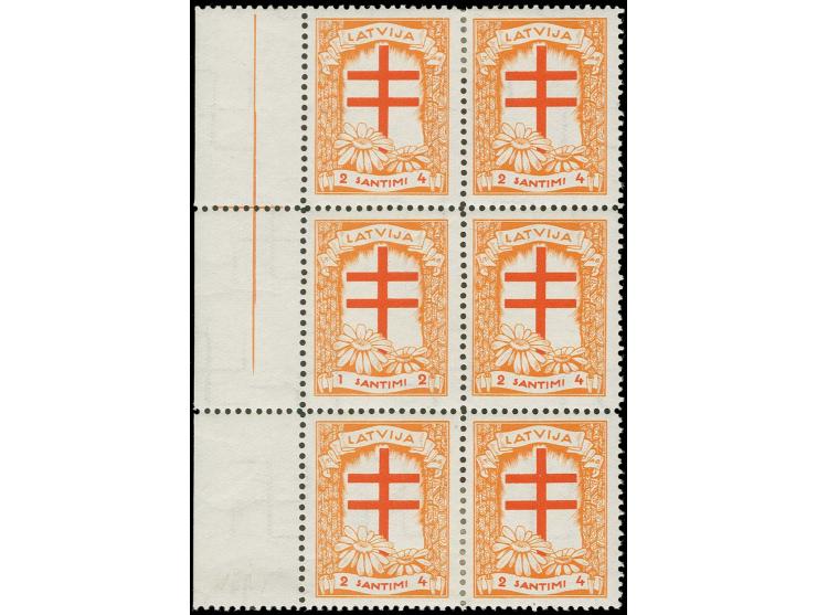 1930, Tuberkulose-Fürsorge 1+2 S. orange/ziegelrot im 6er-Block mit linkem Bogenrand mit 5 Normalmarken, normal waagerecht st