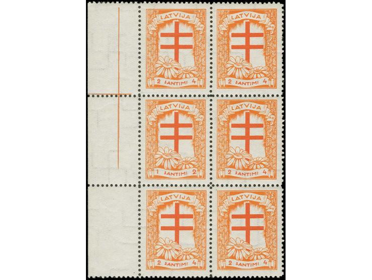 1930, Tuberkulose-Fürsorge 1+2 S. orange/ziegelrot im 6er-Block mit linkem Bogenrand mit 5 Normalmarken, verkehrt waagerecht 