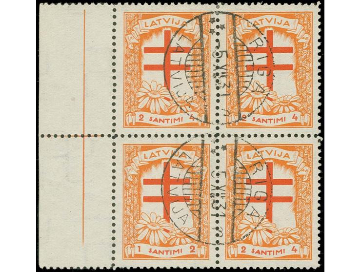 1930, Tuberkulose-Fürsorge 1+2 S. orange/ziegelrot im 4er-Block mit linkem Bogenrand mit 3 Normalmarken, normal waagerecht st