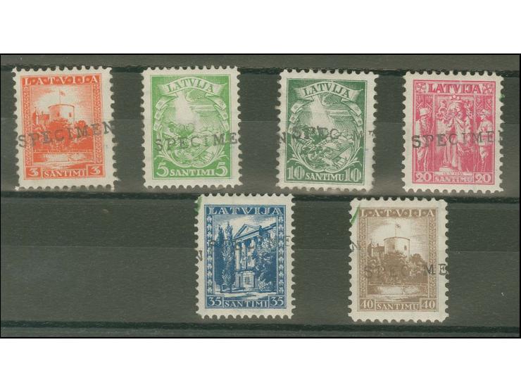 1934, Neue Verfassung Lettlands 3-40 S. als UPU-Muster-Marken, je mit Handstempelaufdruck "SPECIMEN", ungebraucht mit Restgum