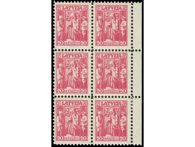 1934, Neue Verfassung Lettlands 20 S. lilarosa im 6er-Block mit rechtem Bogenrand, die mittlere linke Marke mit Plattenfehler
