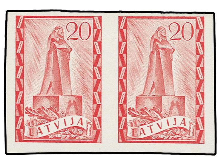 ARCHIVBELEGE: Befreiungsdenkmäler 20 S. karmin im ungezähnten, waagerechten Paar, ohne Gummi, tadellos, selten