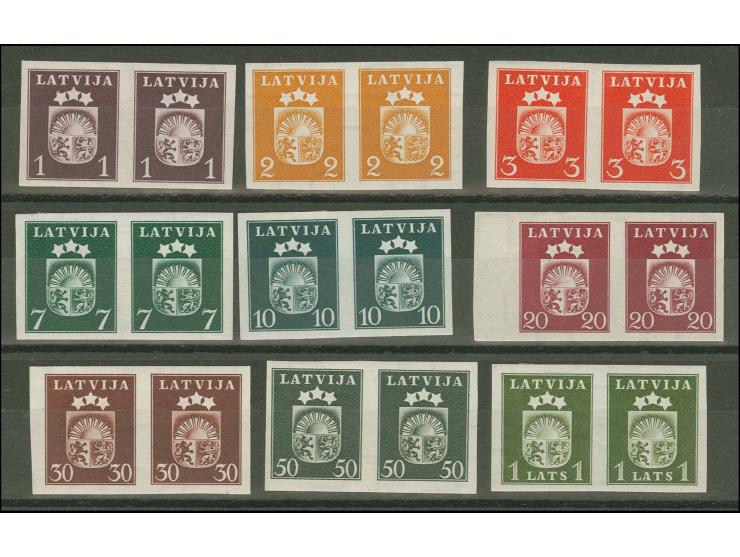 ARCHIVBELEGE: 1940, Wappen 1-3, 7-30 S sowie 50 S. und 1 L. in ungezähnten, waagerechten Paaren, linke Marke ungebraucht, die