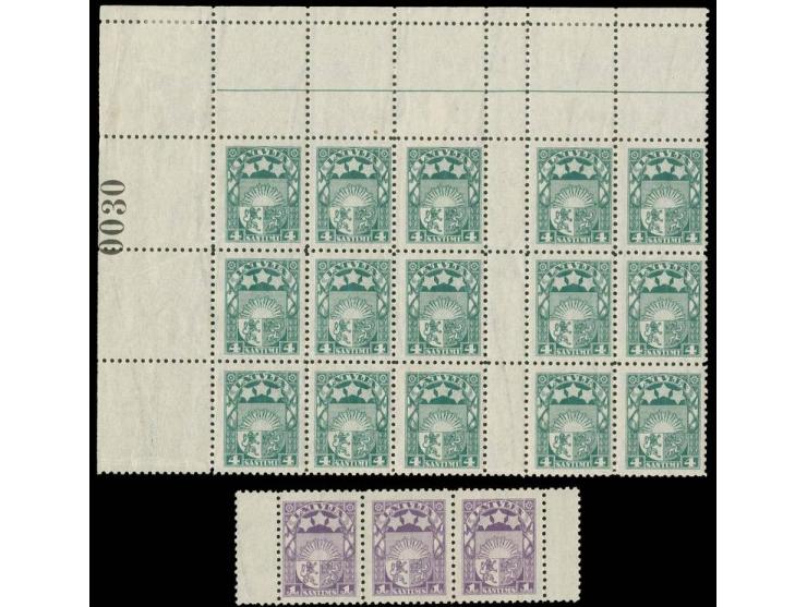 1923, Staatswappen 4 S. grün im 15er-Block aus der linken oberen Bogenecke, aus einem für die Markenheftchenproduktion vorges