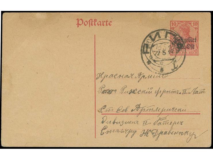 1919, "МОДОНЪ 13 5 19" auf Ober Ost Ganzsachenkarte 10 Pfg. an einen Angehörigen der Roten Armee der Rigaer Front nach Riga, 