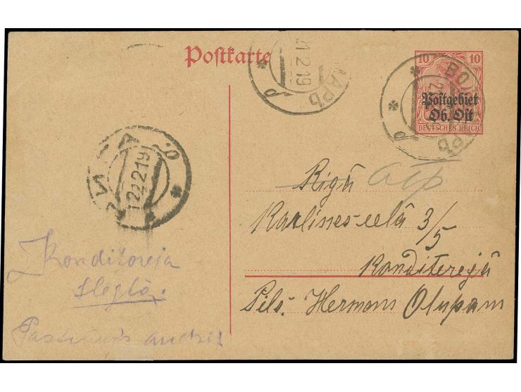 1919, "ВОЛЬМАРЪ 21 2 19" auf Ober Ost Ganzsachenkarte 10 Pfg. nach Riga, mit handschriftlichem Vermerk "Konditorei geschlosse