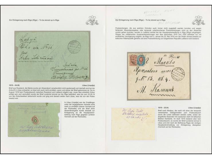 1919, Staatswappen 5 K. bräunlichlila und 20 K. blau/rot mit Stempel "LATWIJA 25.4.19" auf Brief nach Moskau, der Brief sollt