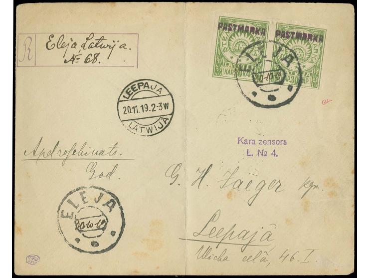 30 K. grün im waagerechten Paar mit Stempel "ELEJA 30 10 19" auf eingeschriebenem Brief mit handschriftlichem R-Vermerk nach 