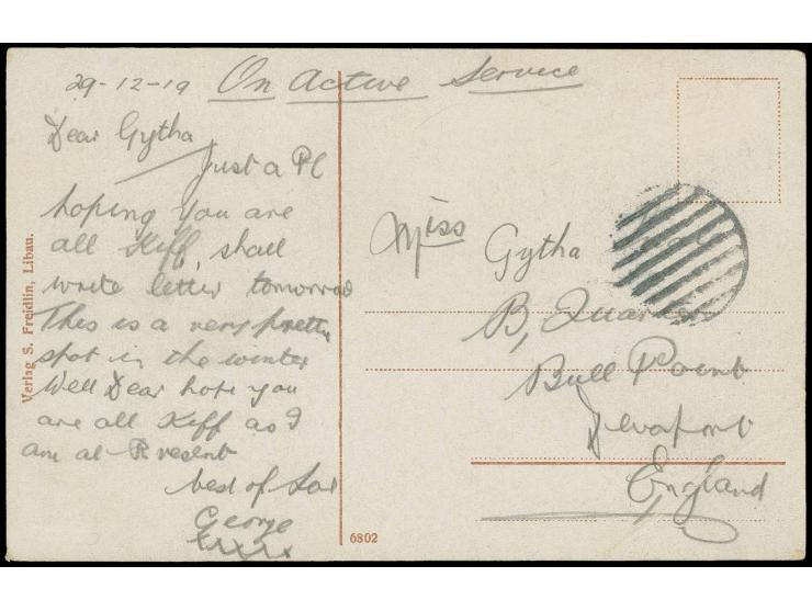 1919, Postkarte eines Angehörigen der Britischen Mission aus Libau nach England, vorderseitig mit stummen Stempel, Karte mit 