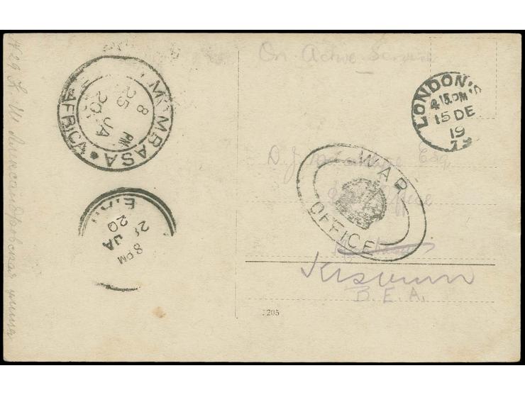 1919, Postkarte eines Angehörigen der Britischen Mission aus Riga, über das War Office in London nach Mombasa und von dort na