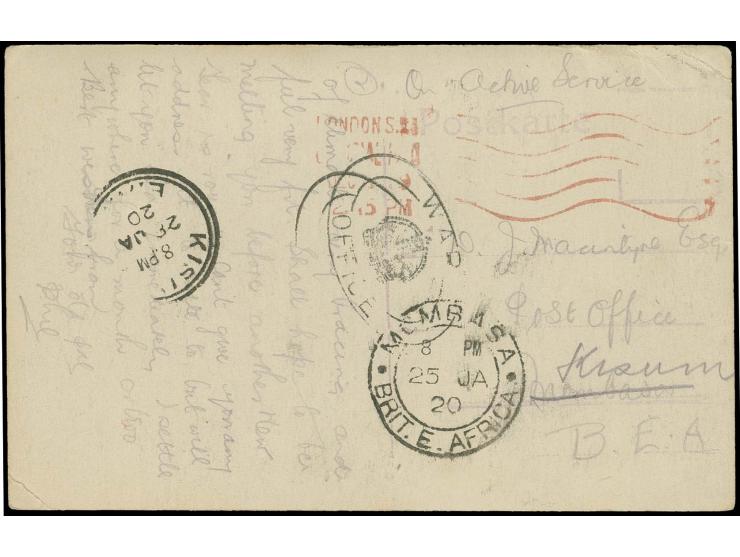1919, Postkarte eines Angehörigen der Britischen Mission aus Riga, über das War Office in London nach Mombasa und von dort na