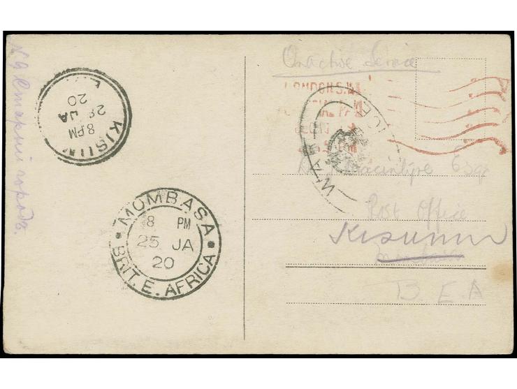 1919, Postkarte eines Angehörigen der Britischen Mission aus Riga, über das War Office in London nach Mombasa und von dort na