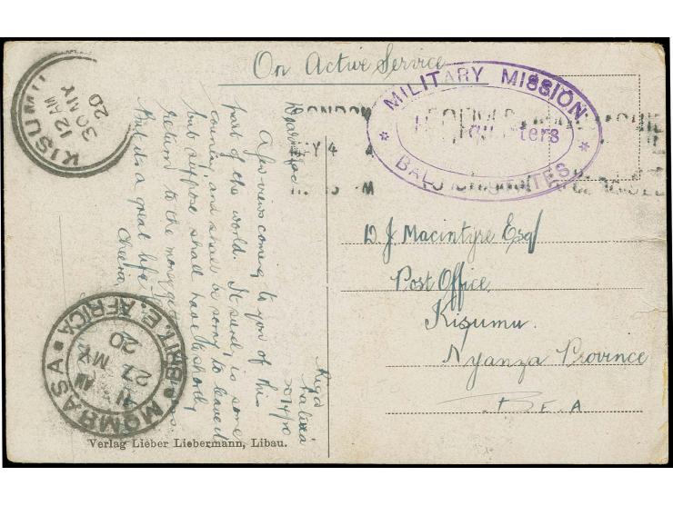 1920, "MILITARY MISSION BALTIC STATES" violetter Ovalstempel auf Bildpostkarte aus Riga über das War Office in London nach Ki