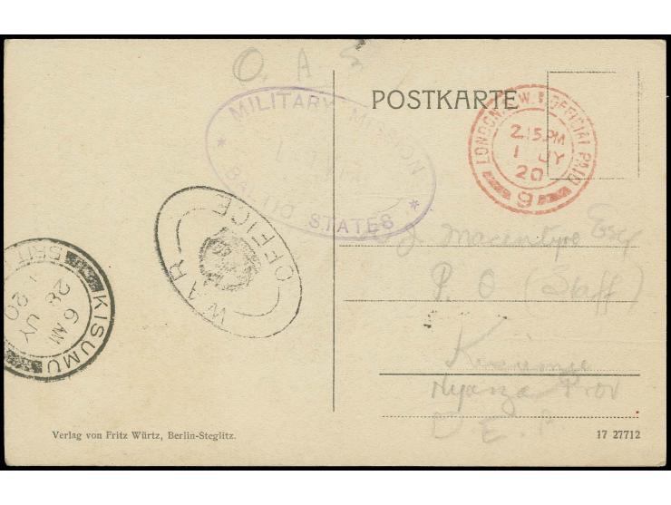 1920, "MILITARY MISSION BALTIC STATES" violetter Ovalstempel auf Bildpostkarte aus Riga über das War Office in London nach Ki