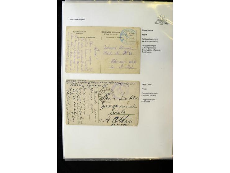 LETTISCHE FELDPOST: 1919/21, über 70 Karten, dabei viele verschiedene Orte, Truppenstempel und Bahnpost, alles beschrieben, g