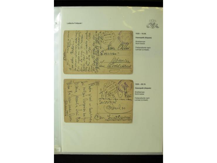 LETTISCHE FELDPOST: 1919/21, über 70 Karten, dabei viele verschiedene Orte, Truppenstempel und Bahnpost, alles beschrieben, g