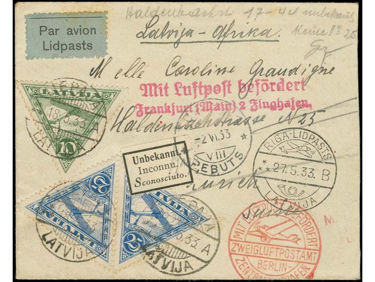 Afrika-Flug: 1931, Flugpost 10 S. grün als Einzelwert und 25 S. im Paar mit Stempel "LIEPAJA 18.5.33" auf zwei Wochen vor dem