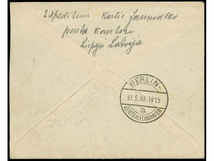 Afrika-Flug: 1931, Flugpost 10 S. grün als Einzelwert und 25 S. im Paar mit Stempel "LIEPAJA 18.5.33" auf zwei Wochen vor dem