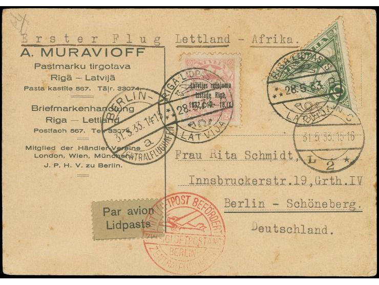 1933, Afrika-Flug, Flugpost 10 S. grün mit Zufrankatur mit Stempel "RIGA LIDPASTS 28.5.33" auf Karte nach Berlin, etwas fleck