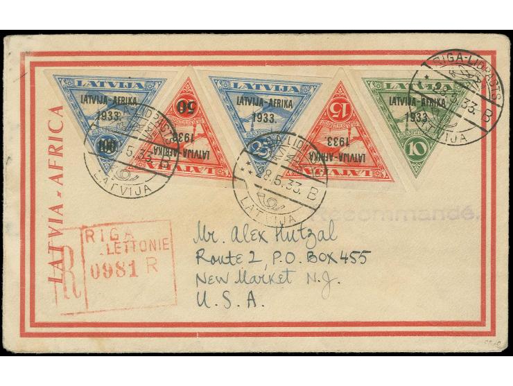 1933, Afrika-Flug, 10-100 S. mit Tagesstempel "RIGA -LIDPASTS 28.5.33" auf R-Brief nach New Jersey, abgestürzt am 29.5. nahe 