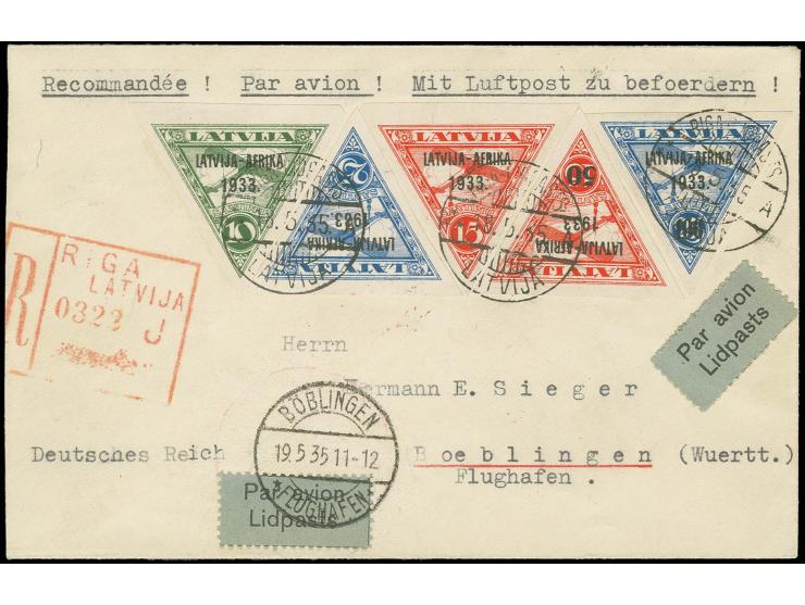 1933, Afrika-Flug 10-100 S. mit Stempel "RIGA-LIDPASTS 18.5.35" auf überfrankiertem R-Brief nach Böblingen, vorderseitig etwa
