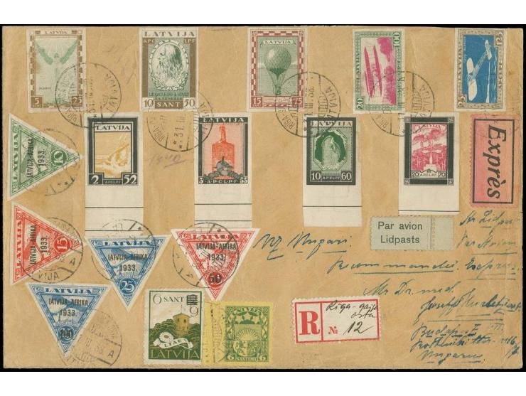 1933, Afrika-Flug 10-100 S. als Aufdruckfälschung mit Zufrankatur (u.a. beschnittene Mi.-Nr. 210-15) mit Stempel "RIGA-GAISA-
