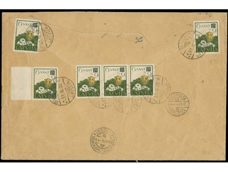 1933, Afrika-Flug 10-100 S. als Aufdruckfälschung mit Zufrankatur (u.a. beschnittene Mi.-Nr. 210-15) mit Stempel "RIGA-GAISA-