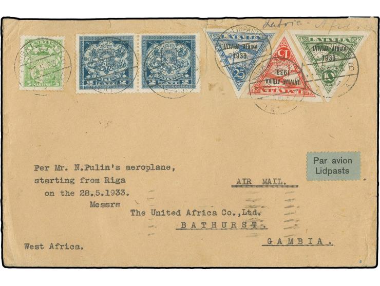 1933, Afrika-Flug, 10-25 S. mit Zufrankatur mit Sonderstempel "RIGA-LIDPASTS 28.5.33" auf Luftpostbrief der Shell Company nac