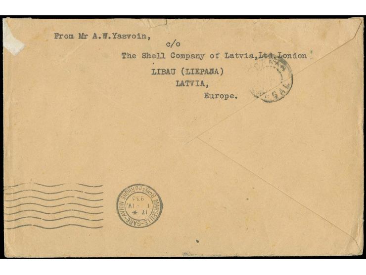1933, Afrika-Flug, 10-25 S. mit Zufrankatur mit Sonderstempel "RIGA-LIDPASTS 28.5.33" auf Luftpostbrief der Shell Company nac
