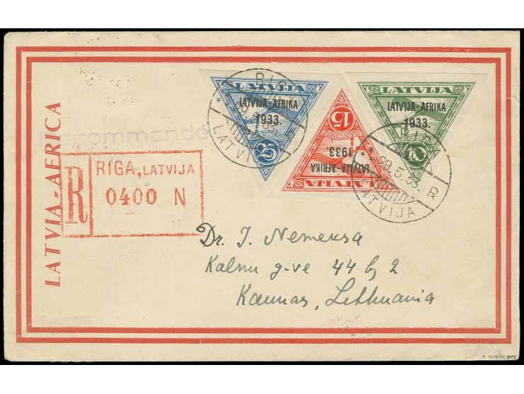 10-25 S. mit Sonderstempel "RIGA-LIDPASTS 29.5.33" auf per Bahnpost befördertem R-Brief nach Kaunas mit rückseitigem Ankunfts