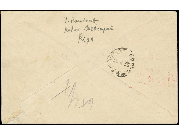 10-25 S. mit Sonderstempel "RIGA-LIDPASTS 29.5.33" auf per Bahnpost befördertem R-Brief nach Kaunas mit rückseitigem Ankunfts