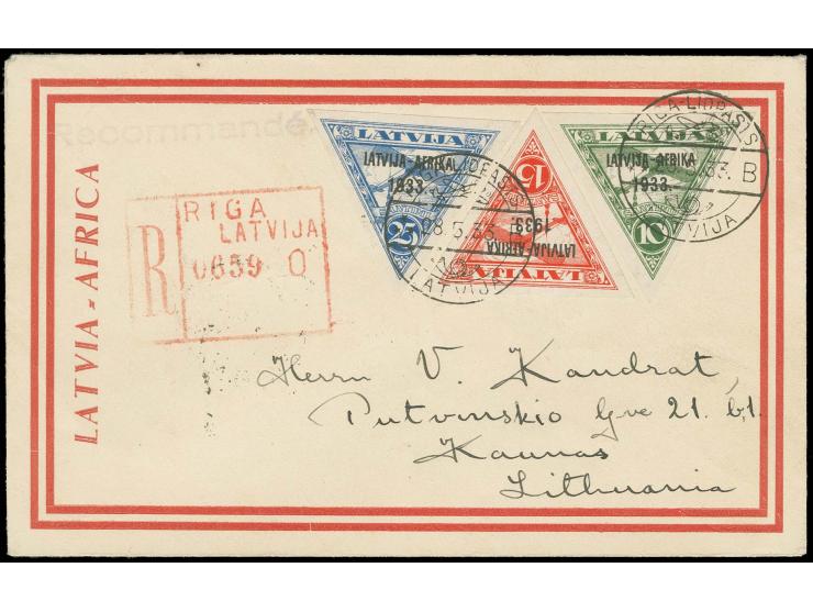 10-25 S. mit Sonderstempel "RIGA-LIDPASTS 28.5.33" auf per Bahnpost befördertem R-Brief nach Kaunas mit rückseitigem Ankunfts