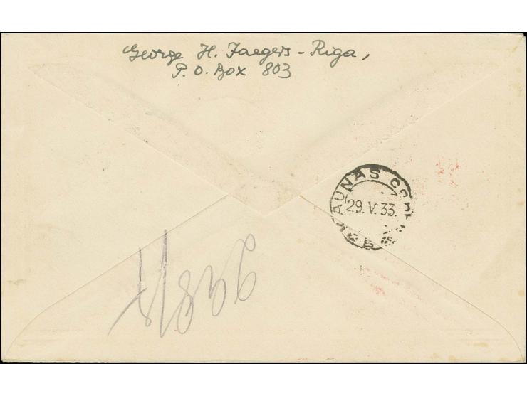 10-25 S. mit Sonderstempel "RIGA-LIDPASTS 28.5.33" auf per Bahnpost befördertem R-Brief nach Kaunas mit rückseitigem Ankunfts