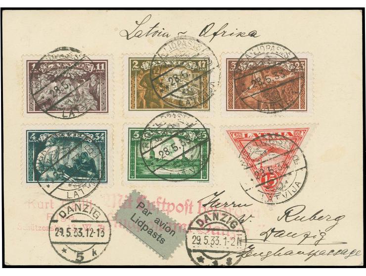 Afrika-Flug, Mitläufer, Selbstschutzorganisation 1-5 S. und Zufrankatur mit Sonderstempel "RIGA-LIDPASTS 28.5.33" auf Karte n