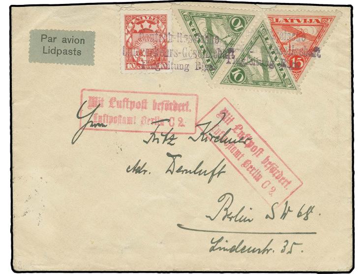 "Deutsch-Russische Luftverkehrs-Gesellschaft Flugleitung Riga" violetter L3 und Federzug auf Flugpost 10 S. grün im Paar und 