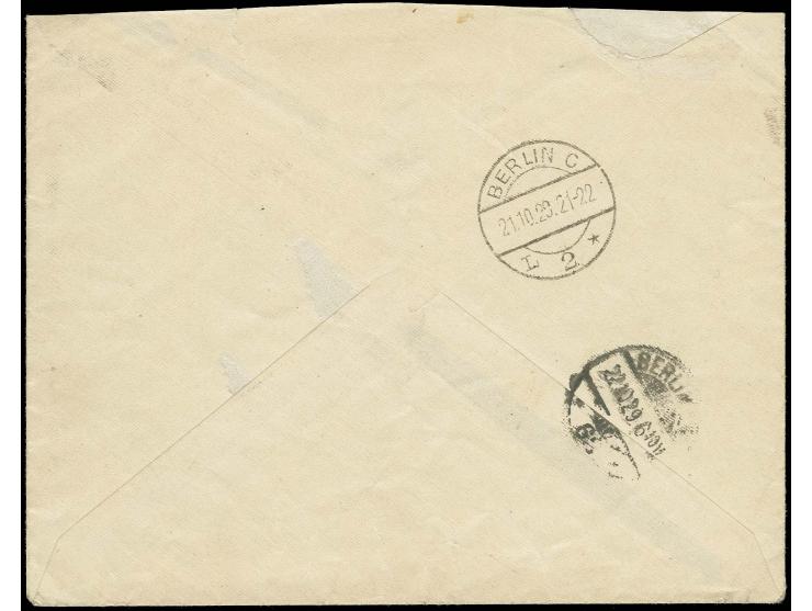 "Deutsch-Russische Luftverkehrs-Gesellschaft Flugleitung Riga" violetter L3 und Federzug auf Flugpost 10 S. grün im Paar und 
