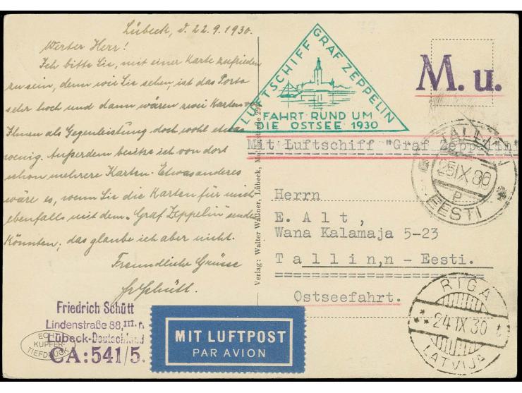 1930, Osteefahrt, Abwurf Riga, Auflieferung Friedrichhafen mit Adler 1 M., weitergesandt nach Tallinn mit Ankunfsstempel, gut