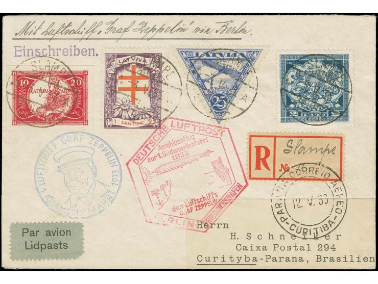 LETTLAND: 1933, 1. Südamerikafahrt, R-Brief mit Anschlußflug Berlin, gute Erhaltung, Fotoattest v. Hofmann BPP