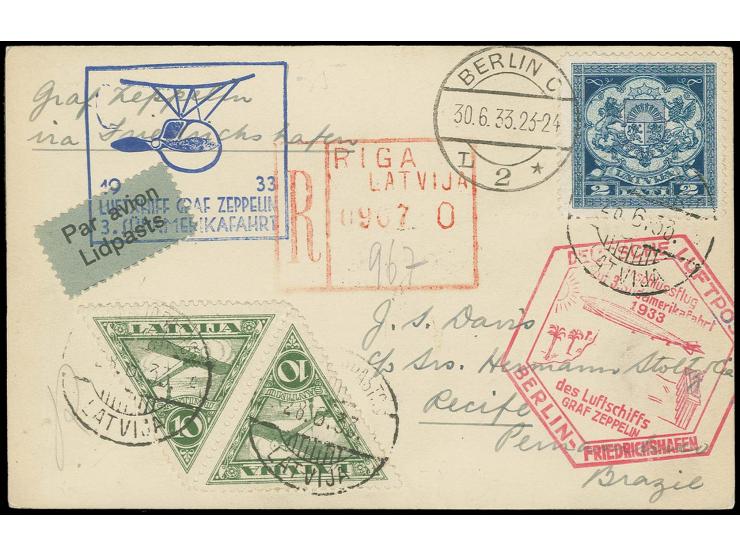 LETTLAND: 1933, 3. Südamerikafahrt, R-Karte mit Anschlußflug Berlin, gute Erhaltung, Fotoattest v. Hofmann BPP