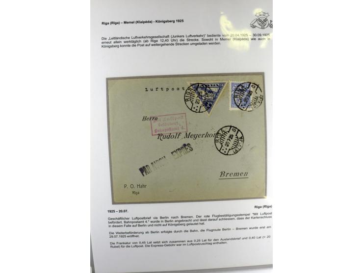 FLUGPOSTVERBINDUNGEN VON UND NACH LETTLAND: 1920/40, umfangreiche sowie hochinteressante Sammlung von über 180 Karten und Bri