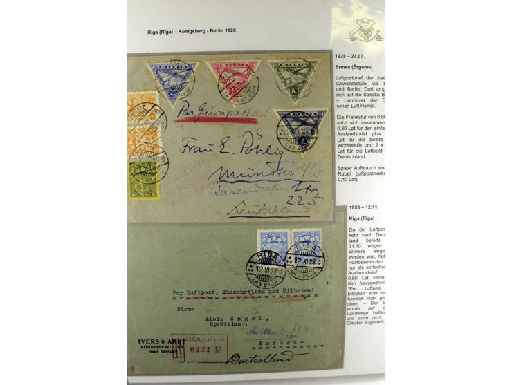 FLUGPOSTVERBINDUNGEN VON UND NACH LETTLAND: 1920/40, umfangreiche sowie hochinteressante Sammlung von über 180 Karten und Bri