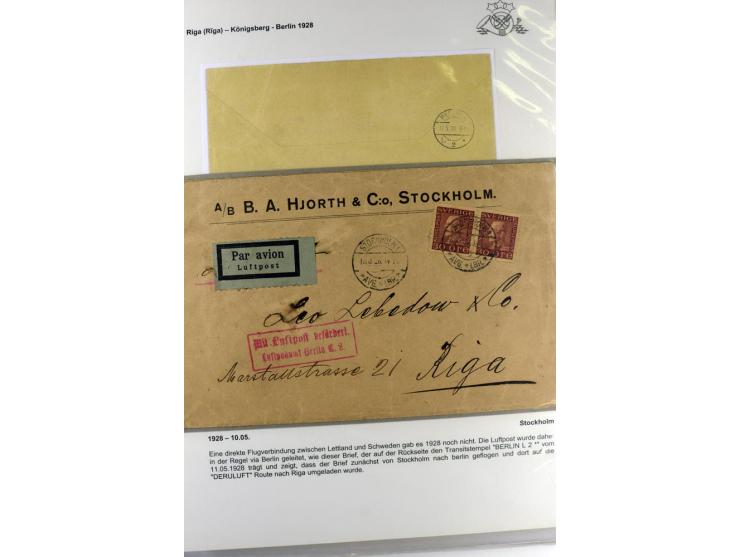 FLUGPOSTVERBINDUNGEN VON UND NACH LETTLAND: 1920/40, umfangreiche sowie hochinteressante Sammlung von über 180 Karten und Bri