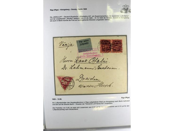 FLUGPOSTVERBINDUNGEN VON UND NACH LETTLAND: 1920/40, umfangreiche sowie hochinteressante Sammlung von über 180 Karten und Bri