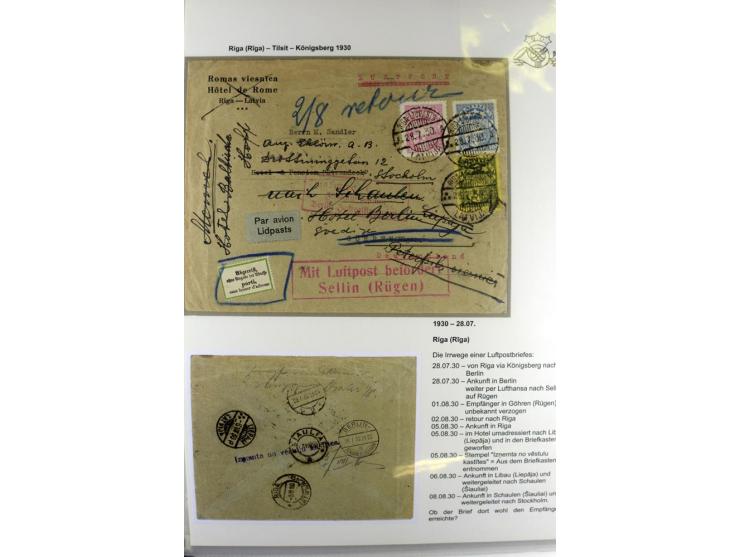 FLUGPOSTVERBINDUNGEN VON UND NACH LETTLAND: 1920/40, umfangreiche sowie hochinteressante Sammlung von über 180 Karten und Bri