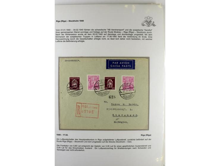 FLUGPOSTVERBINDUNGEN VON UND NACH LETTLAND: 1920/40, umfangreiche sowie hochinteressante Sammlung von über 180 Karten und Bri