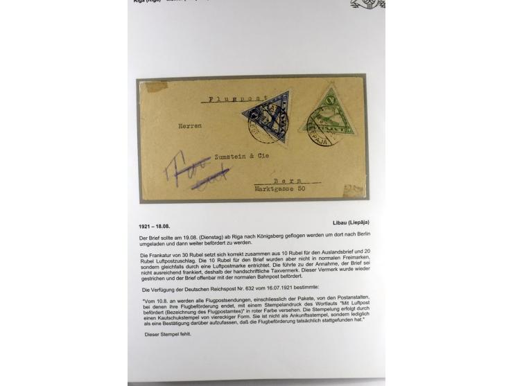 FLUGPOSTVERBINDUNGEN VON UND NACH LETTLAND: 1920/40, umfangreiche sowie hochinteressante Sammlung von über 180 Karten und Bri