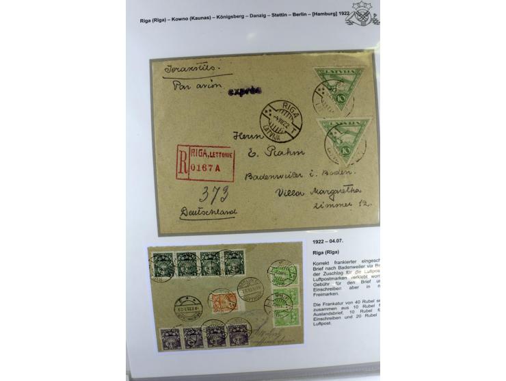 FLUGPOSTVERBINDUNGEN VON UND NACH LETTLAND: 1920/40, umfangreiche sowie hochinteressante Sammlung von über 180 Karten und Bri